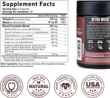 Nitro Wood Nitric Oxide Booster for Men, Blood Flow Support, 30 Servings