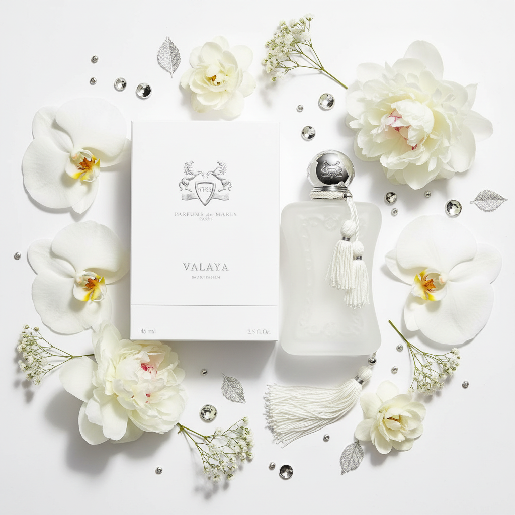 Valaya Parfums de Marly flat lay all white shot