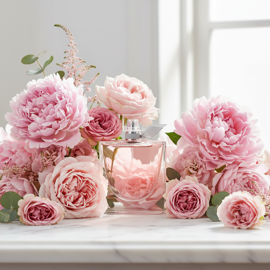 La Vie Est Belle surrounded by pink peonies