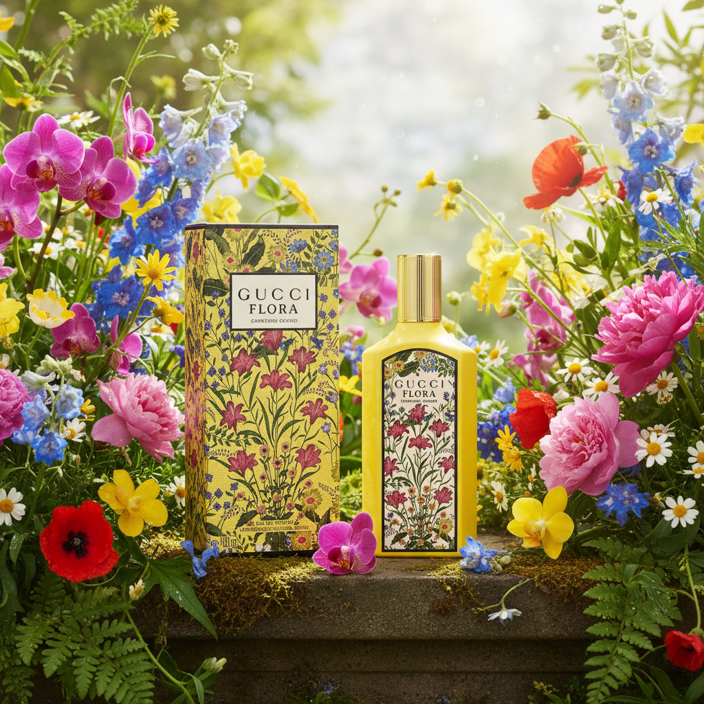 Gucci Flora Gorgeous Orchid garden lifestyle shot