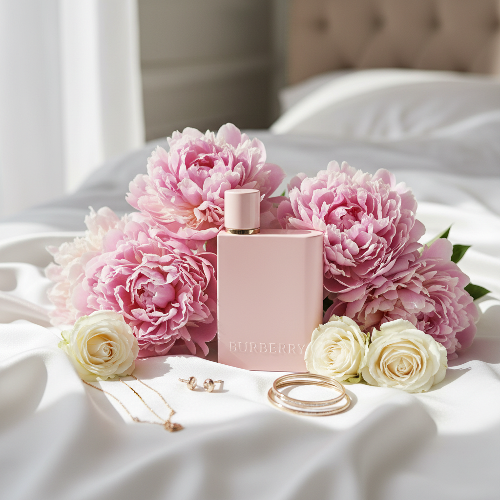 Burberry Her Elixir pink peonies silk lifestyle shot