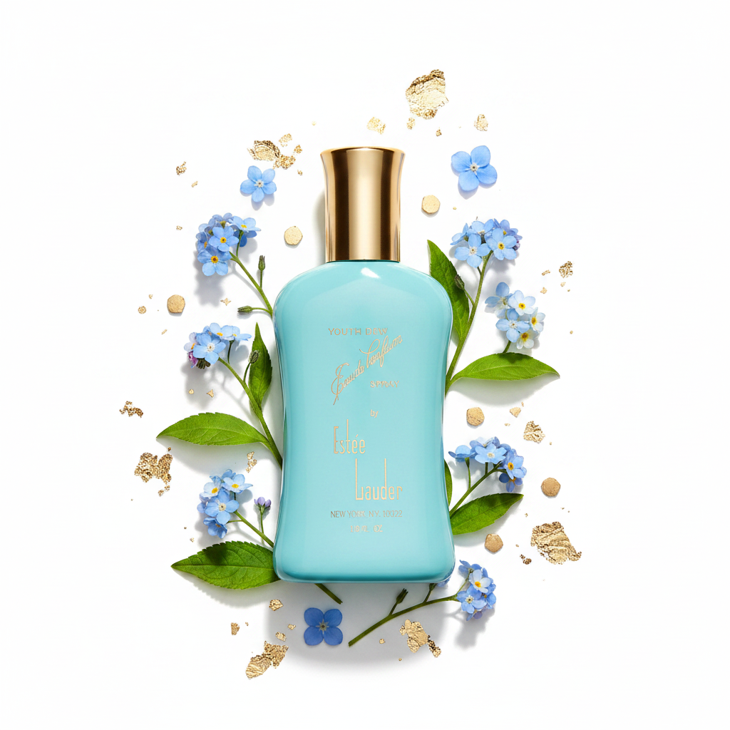 Youth Dew Estee Lauder flat lay blue gold shot