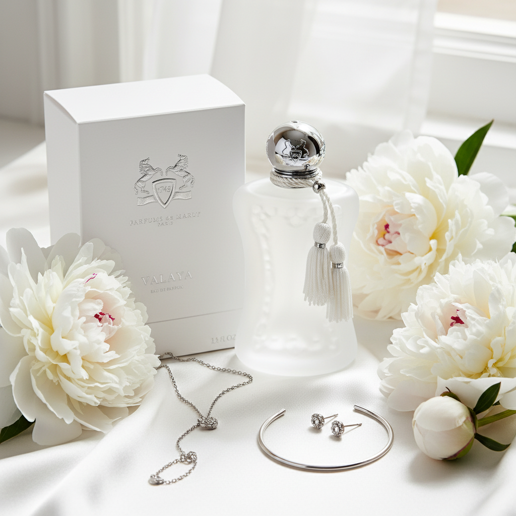 Valaya Parfums de Marly white peonies silk lifestyle shot