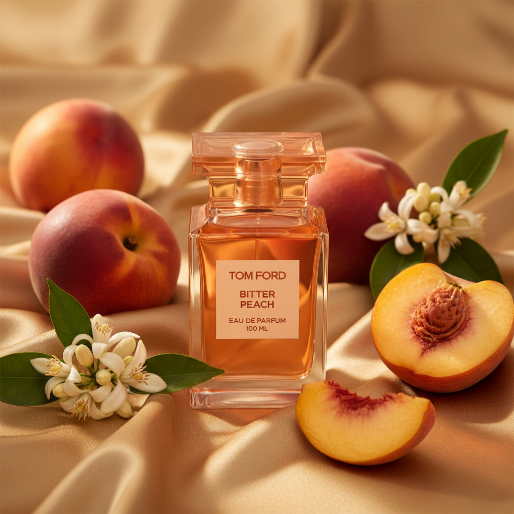Tom Ford Bitter Peach fresh peaches lifestyle shot