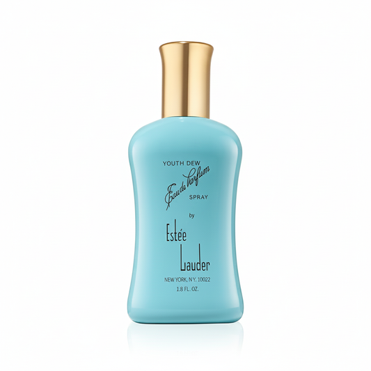 Youth Dew Estee Lauder turquoise white background studio shot