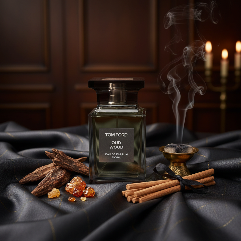 Tom Ford Oud Wood oud chips amber resin lifestyle shot