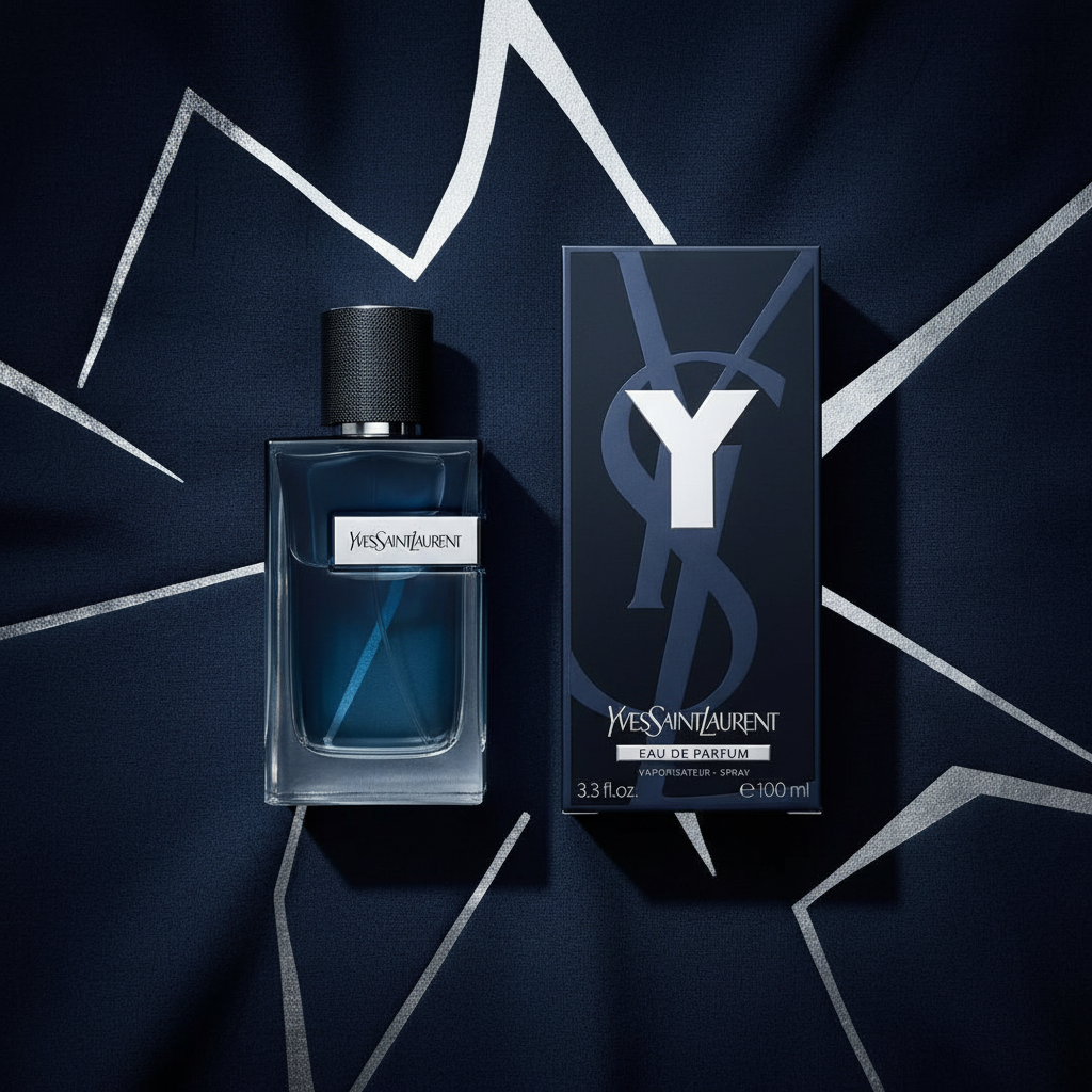 YSL Y EDP flat lay navy silver shot