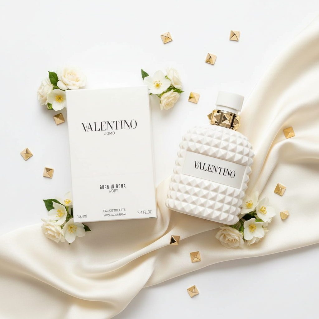 Valentino Uomo Born in Roma Ivory flat lay white gold shot