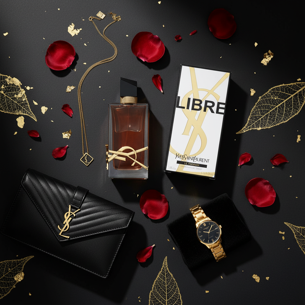 YSL Libre Le Parfum flat lay black gold shot