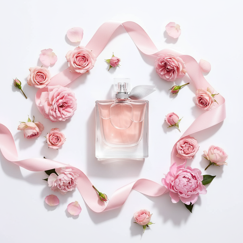 La Vie Est Belle flat lay with pink flowers