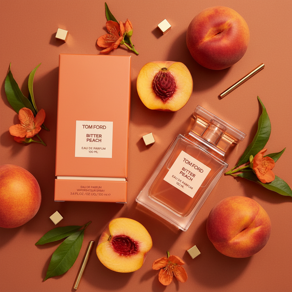 Tom Ford Bitter Peach flat lay terracotta shot