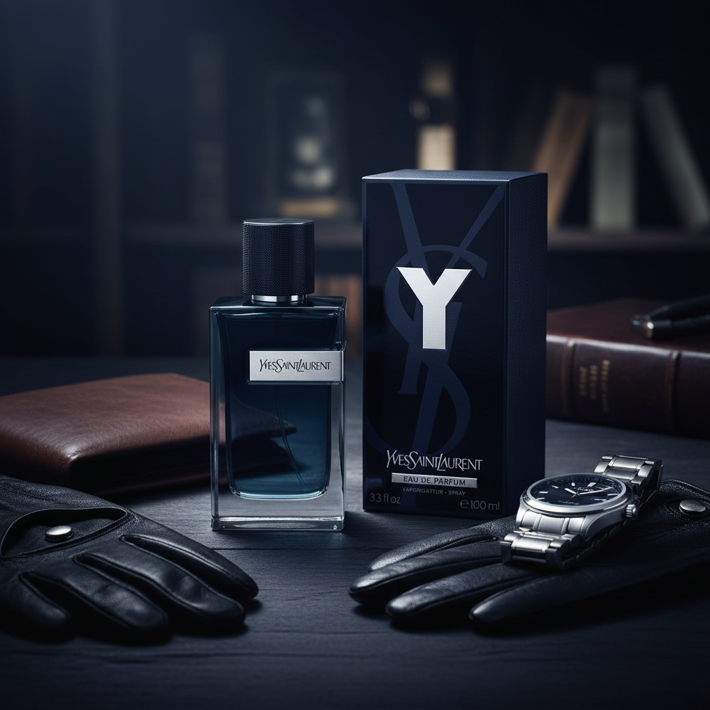 YSL Y EDP dark wood leather lifestyle shot