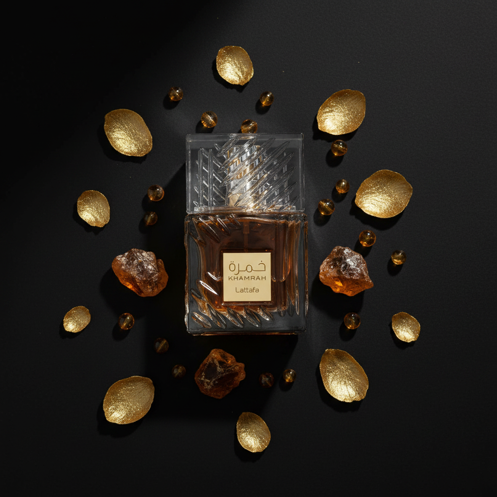Khamrah Lattafa flat lay black gold shot