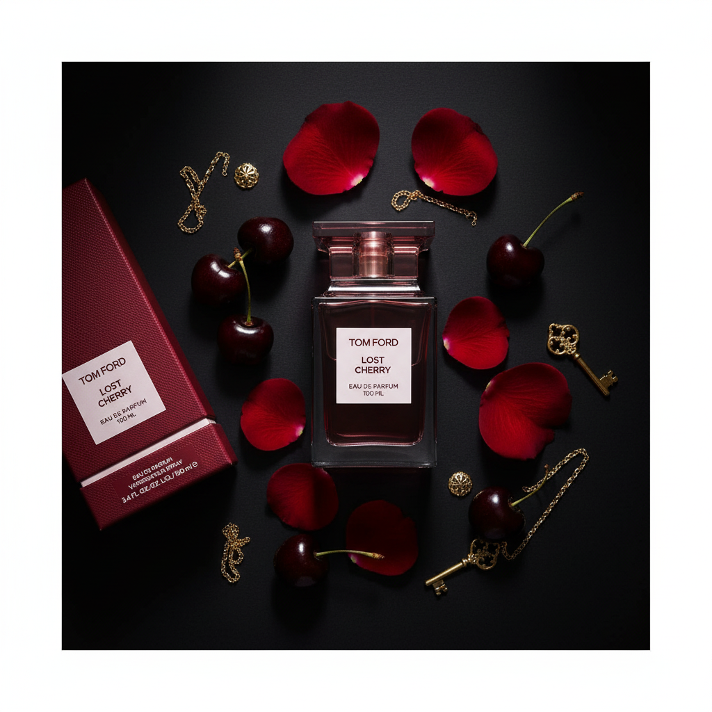 Tom Ford Lost Cherry flat lay black cherries gold shot