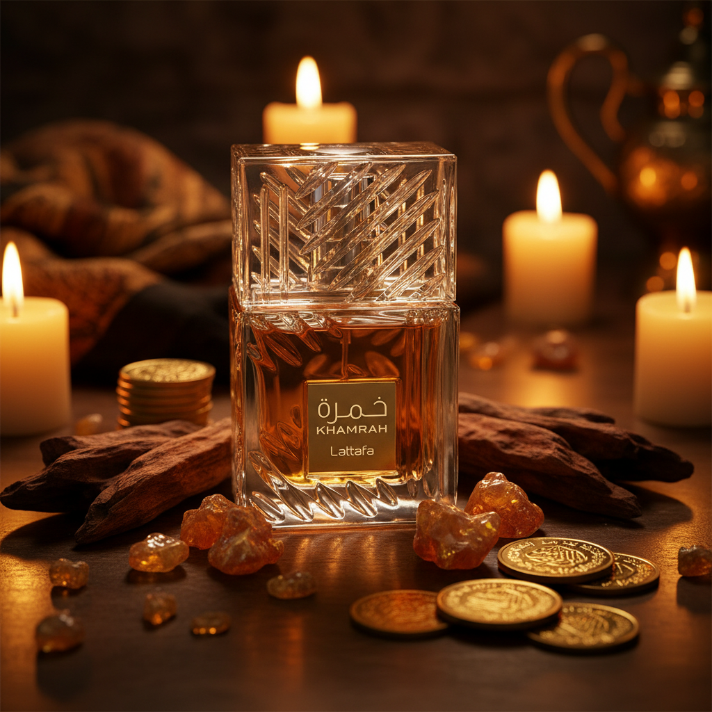 Khamrah Lattafa oud wood oriental lifestyle shot