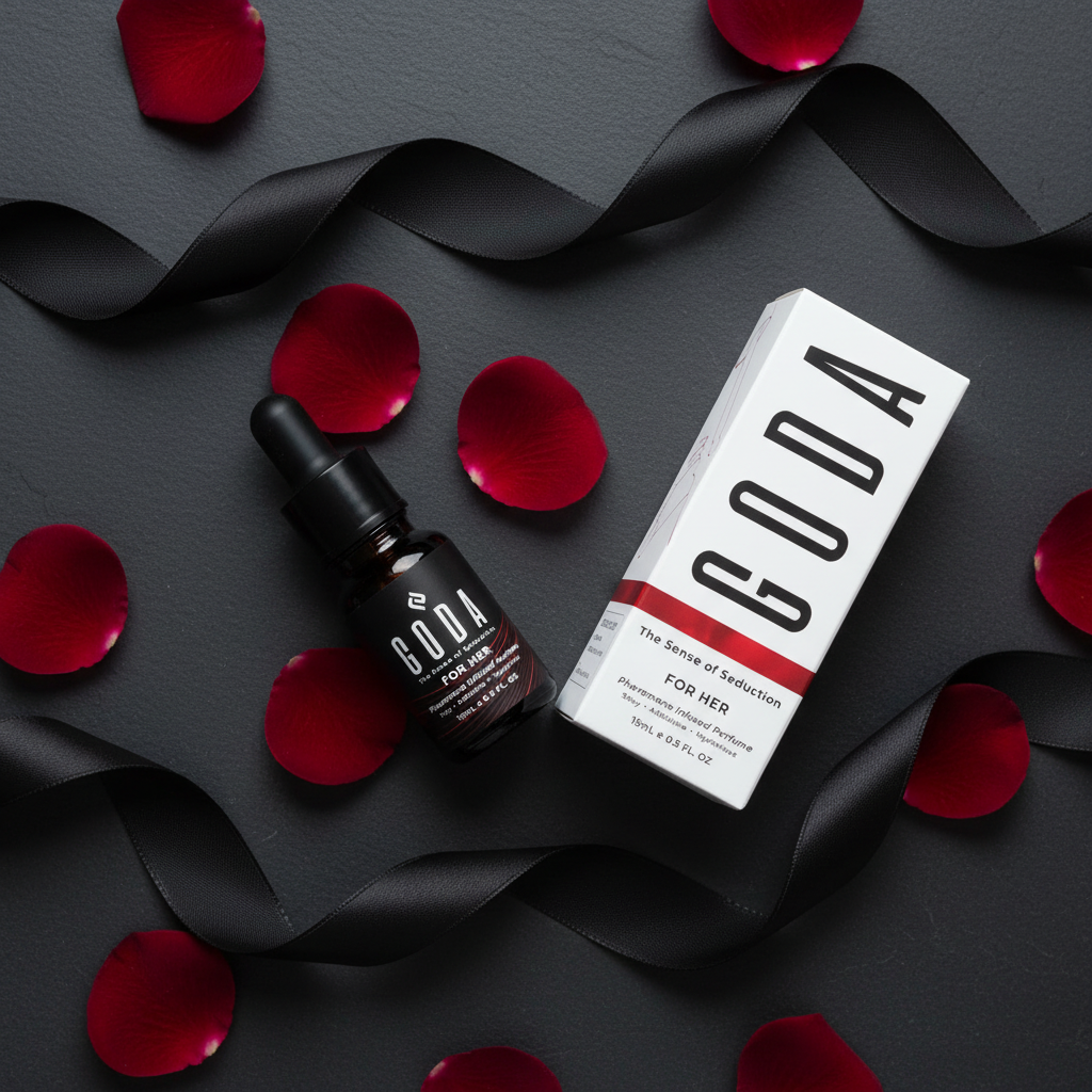 GODA pheromone perfume flat lay dark slate shot