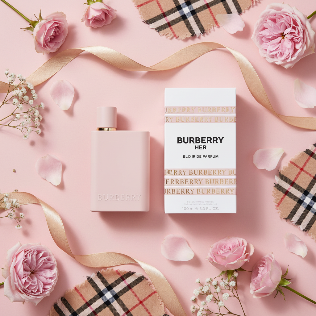 Burberry Her Elixir flat lay pink Burberry plaid shot