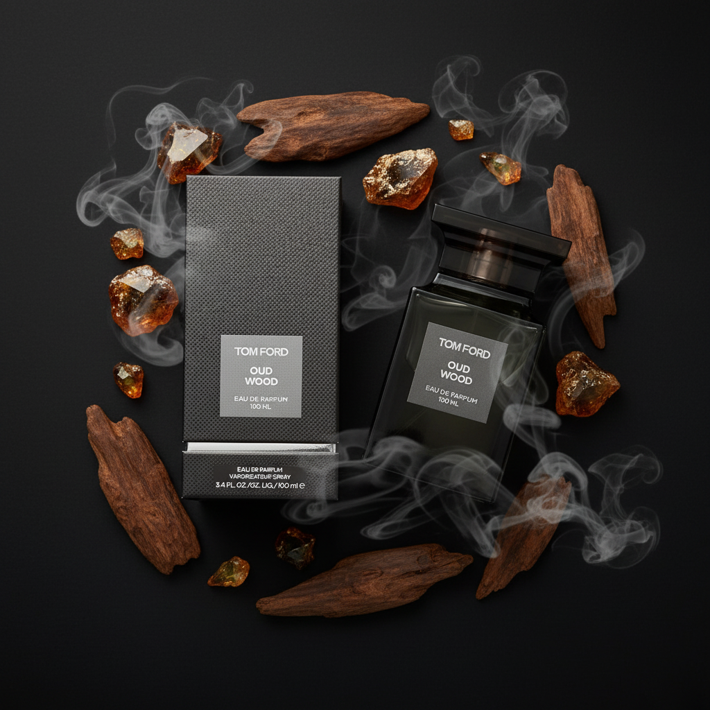 Tom Ford Oud Wood flat lay dark oriental shot