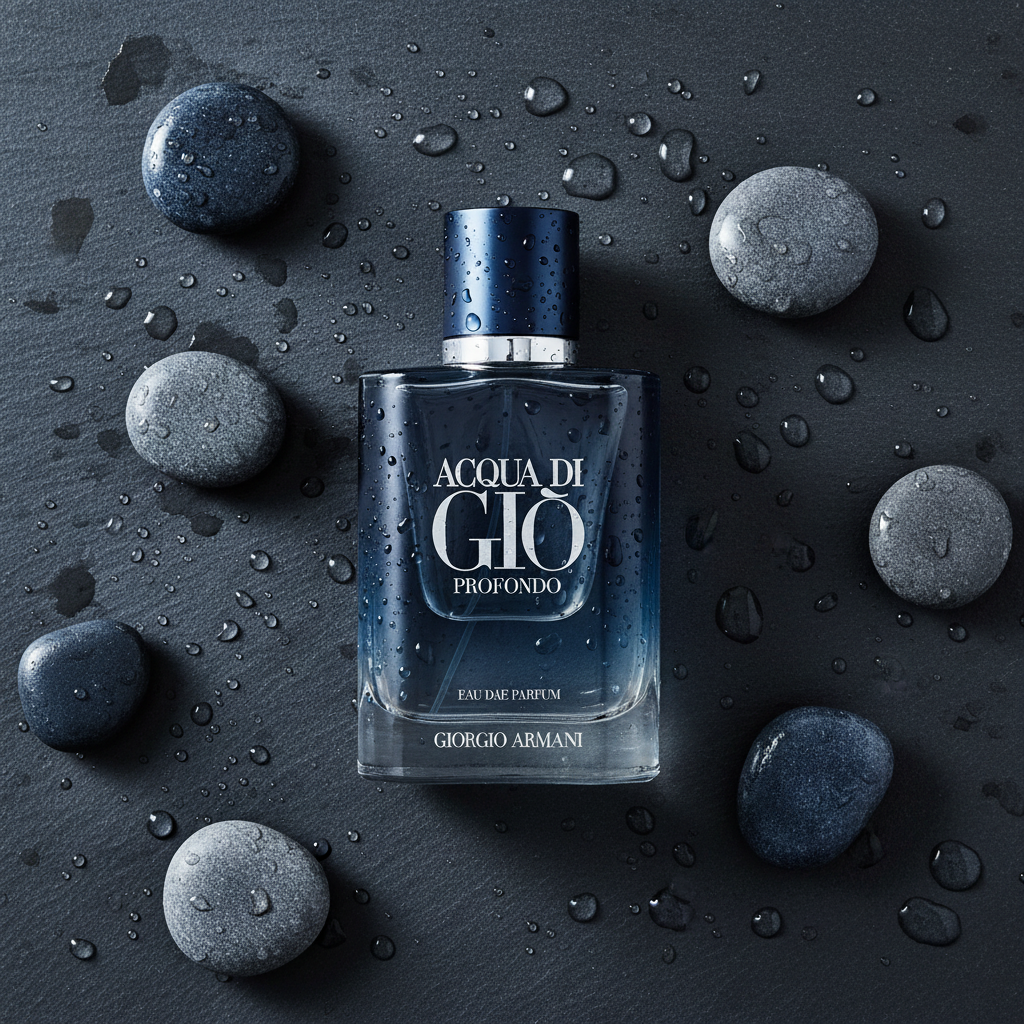 Acqua di Gio Profondo flat lay dark slate shot