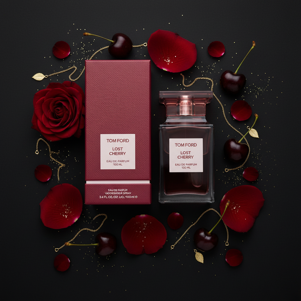 Tom Ford Lost Cherry Crimson flat lay dark gold shot