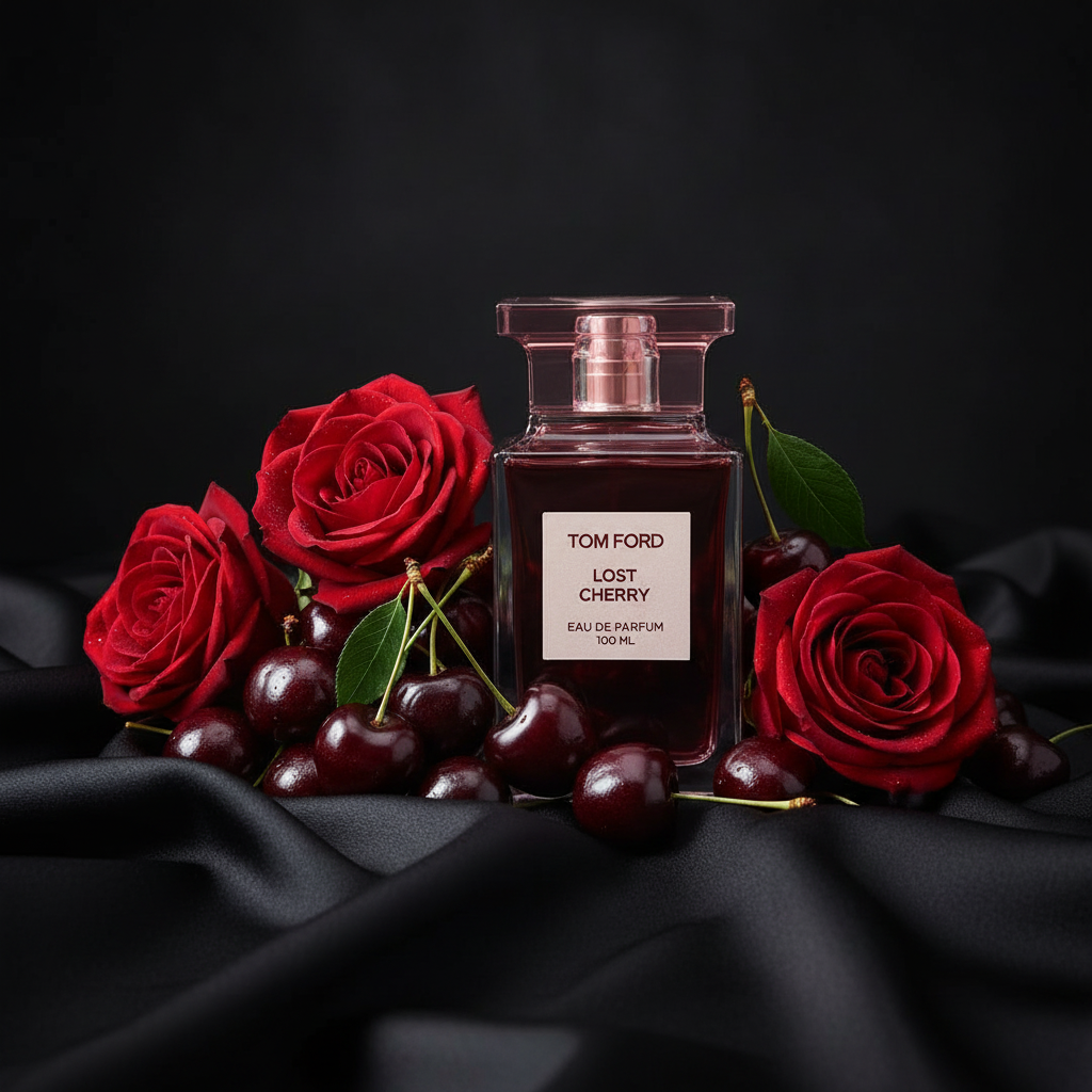 Tom Ford Lost Cherry dark cherries roses lifestyle shot