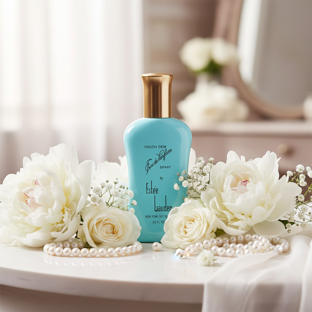 Youth Dew Estee Lauder white flowers lifestyle shot