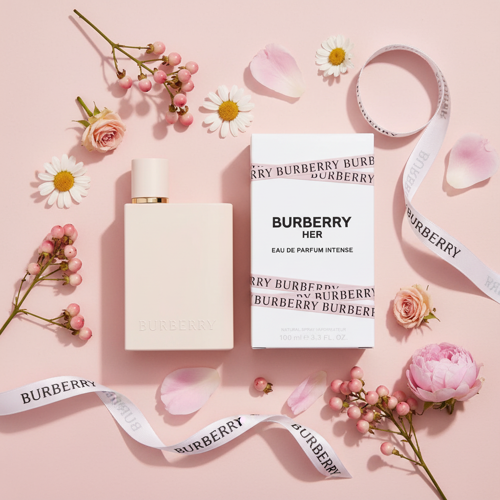 Burberry Her EDP Intense flat lay pink berries shot