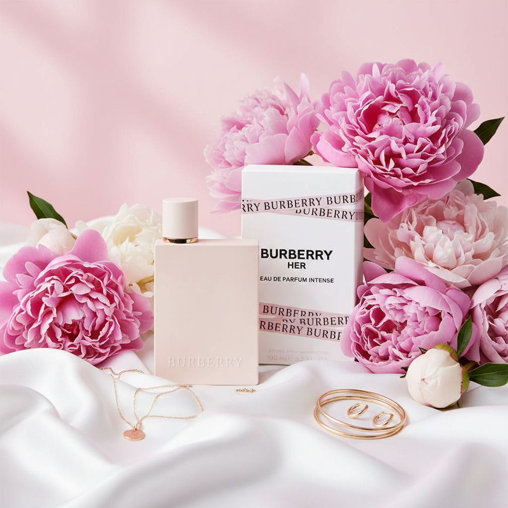 Burberry Her EDP Intense pink peonies lifestyle shot