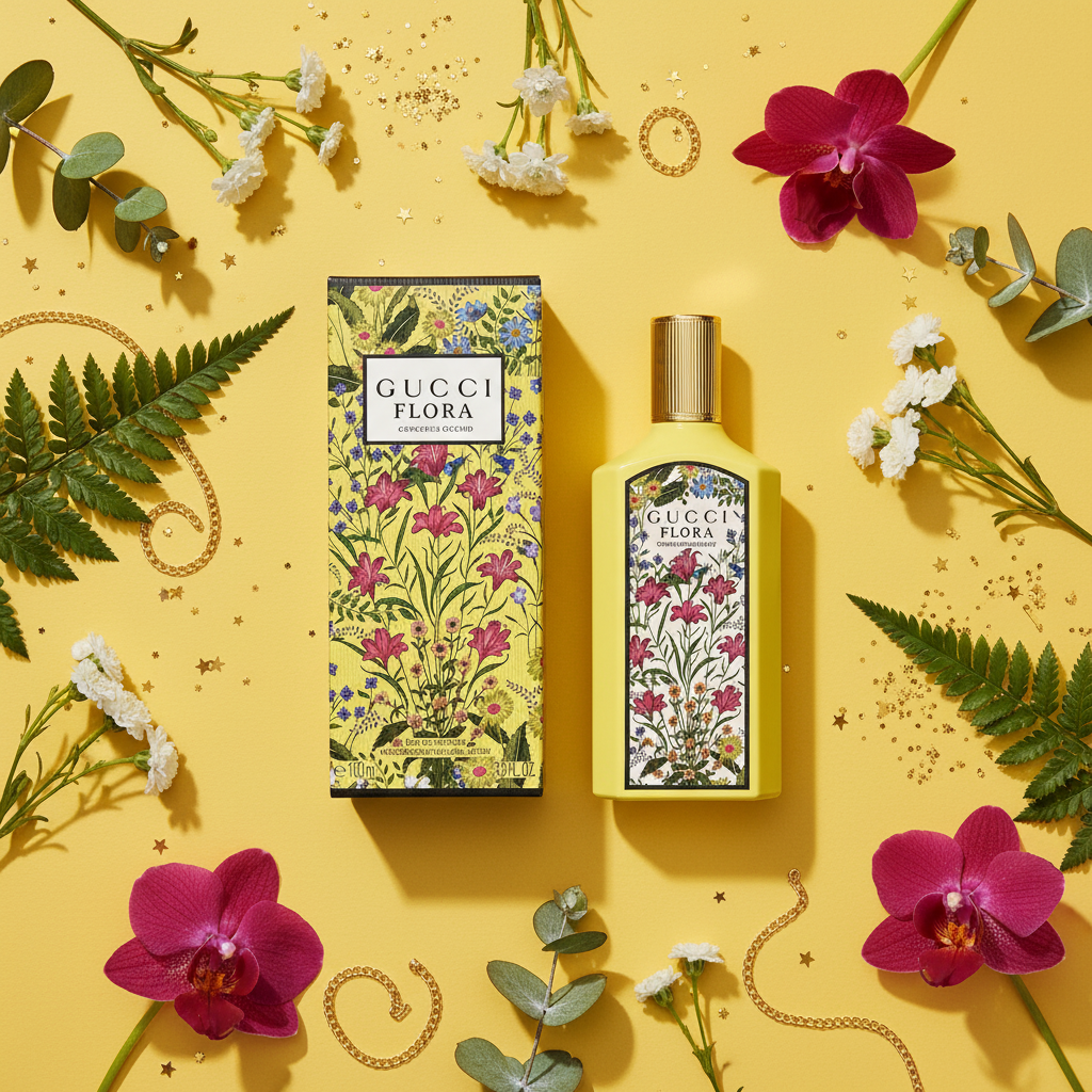 Gucci Flora Gorgeous Orchid flat lay yellow flowers