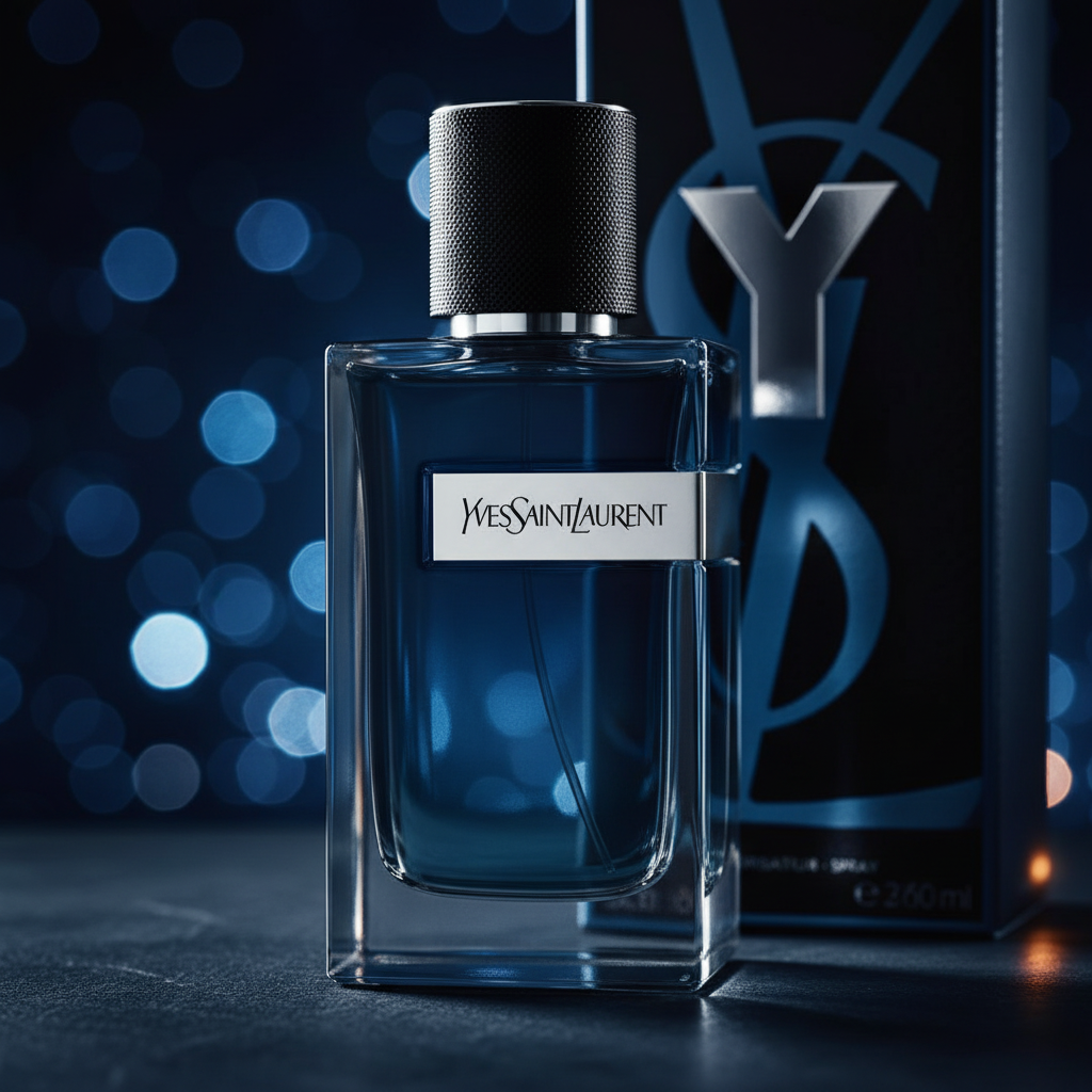 YSL Y EDP navy bokeh cinematic shot