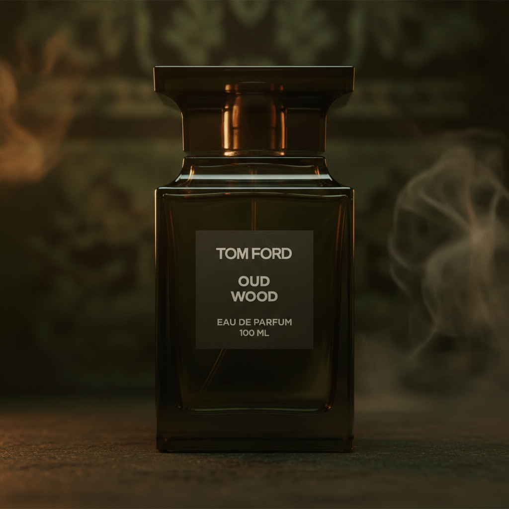 Tom Ford Oud Wood smoky olive bokeh cinematic shot